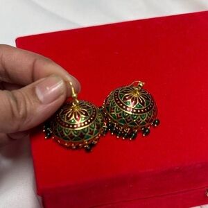 Handcrafted Gold-Tone Green and Pink Jhumka Earrings